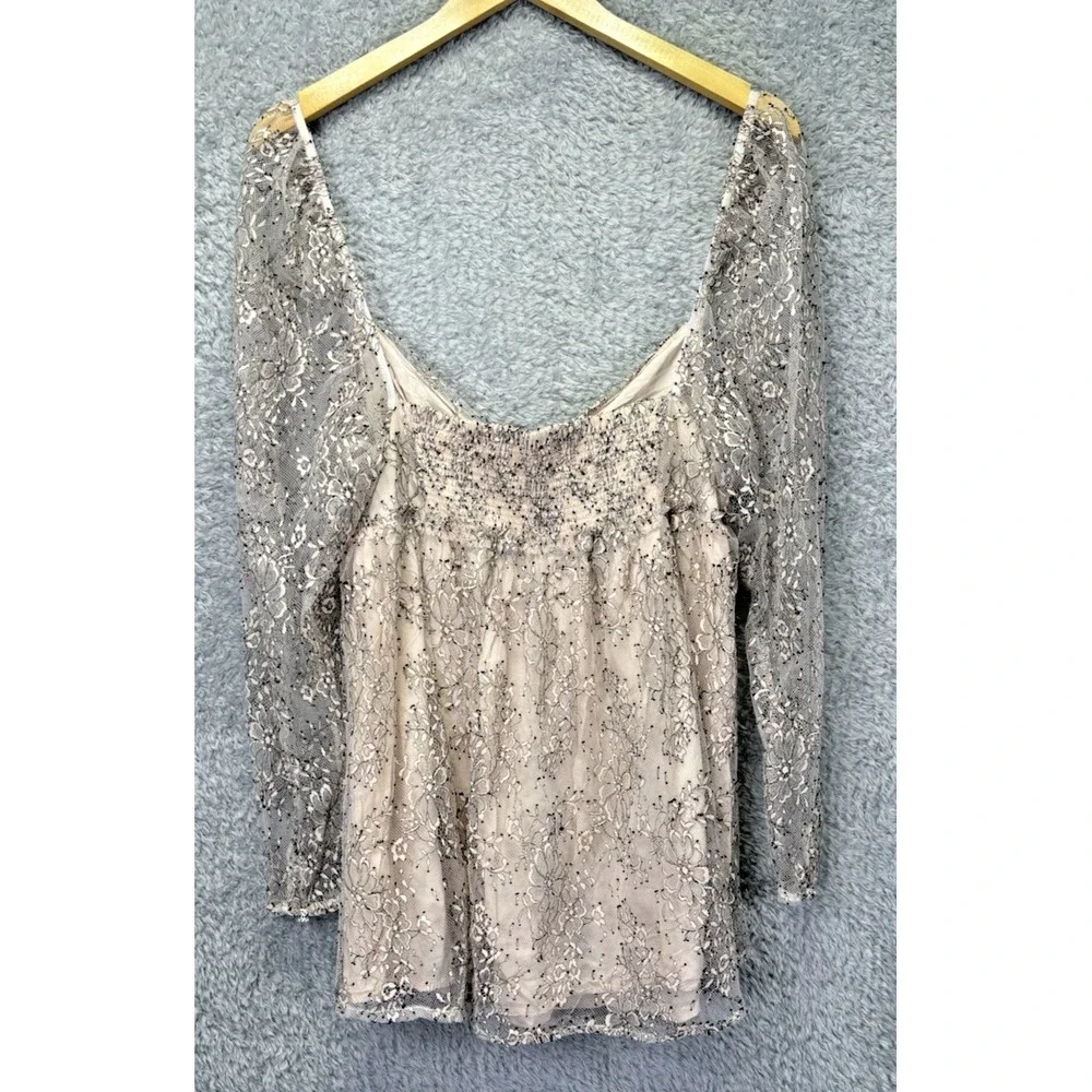 Free People Heavenly Lace Tunic Womens M Pink Black Floral Sheer Boho Whimsigoth